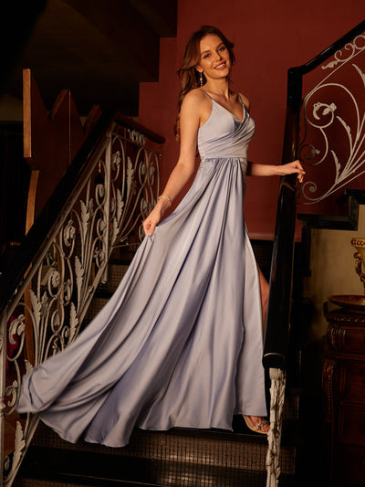 A-Line/Princess Spaghetti Straps Split Side Silk Satin Long Prom Dresses