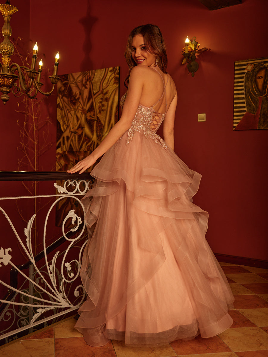 A-Line/Princess V-Neck Applique Sequins Tulle Long Prom Dresses