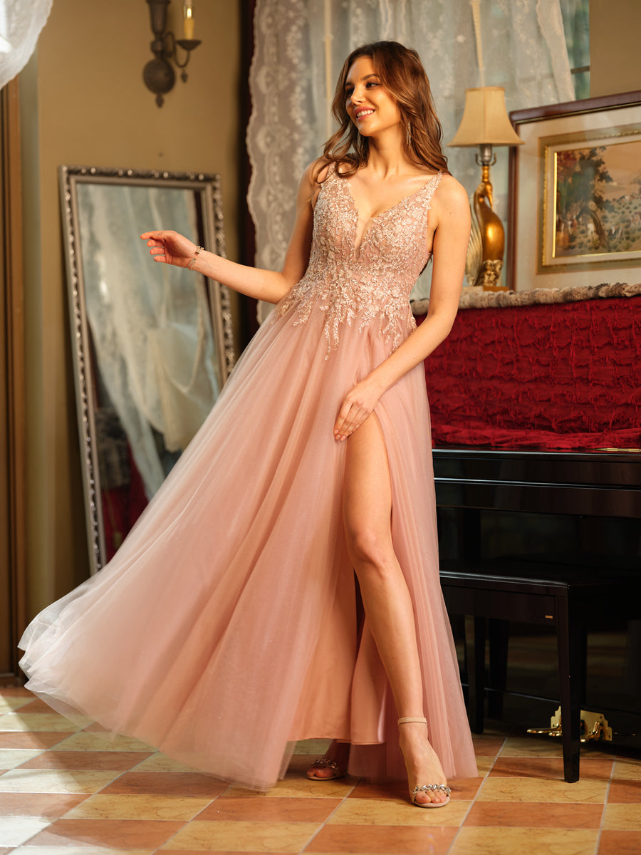 A-Line/Princess V-Neck Tulle Split Side Applique Long Prom Dresses