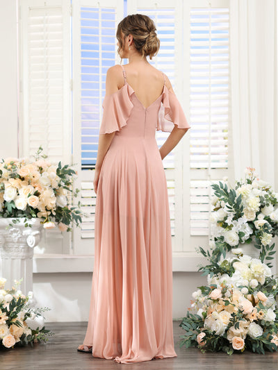 A-Line V-Neck Spaghetti Straps Short Sleeves Asymmetrical Chiffon Bridesmaid Dresses