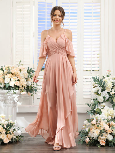 A-Line V-Neck Spaghetti Straps Short Sleeves Asymmetrical Chiffon Bridesmaid Dresses