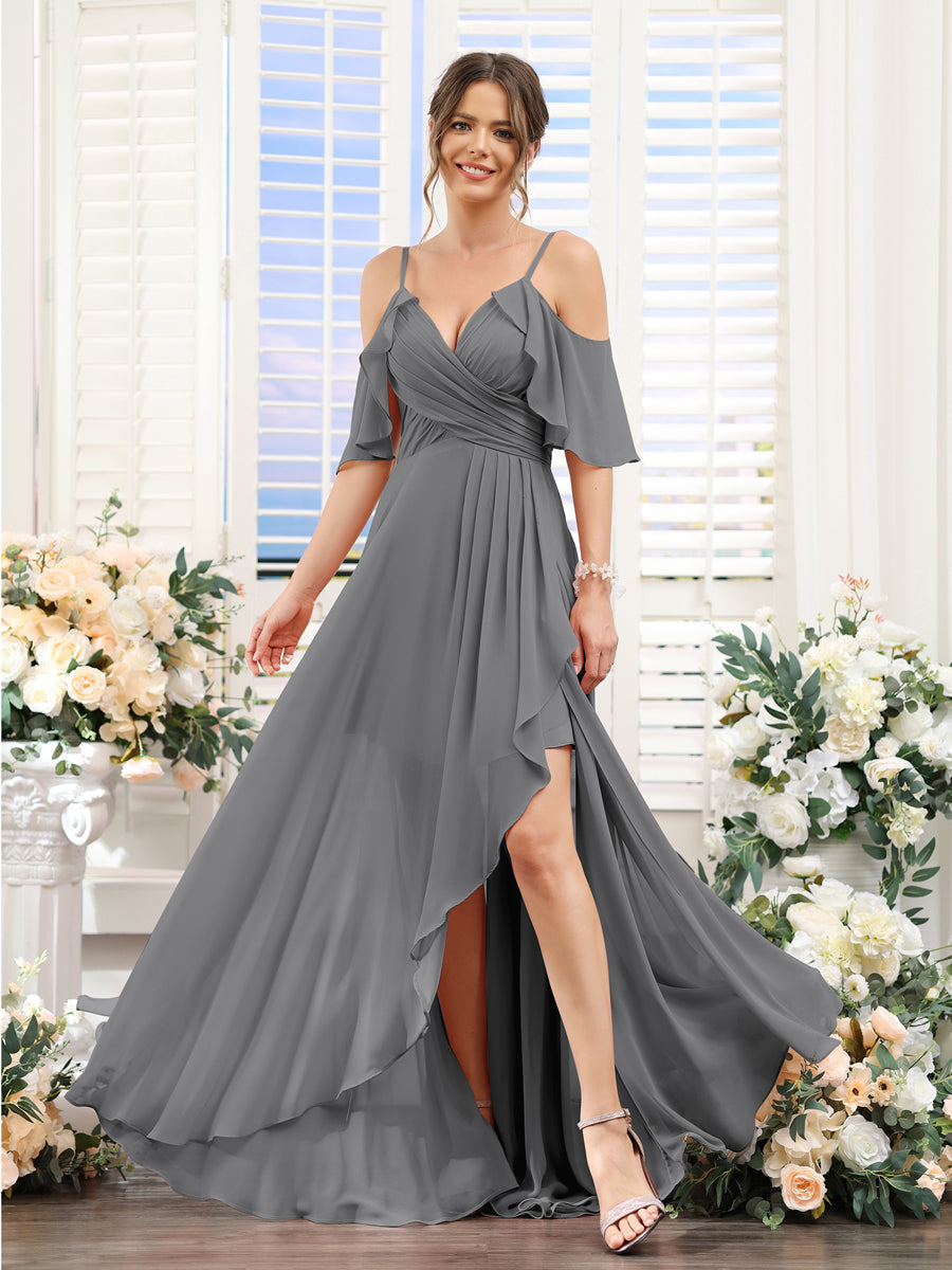 A-Line V-Neck Spaghetti Straps Short Sleeves Asymmetrical Chiffon Bridesmaid Dresses