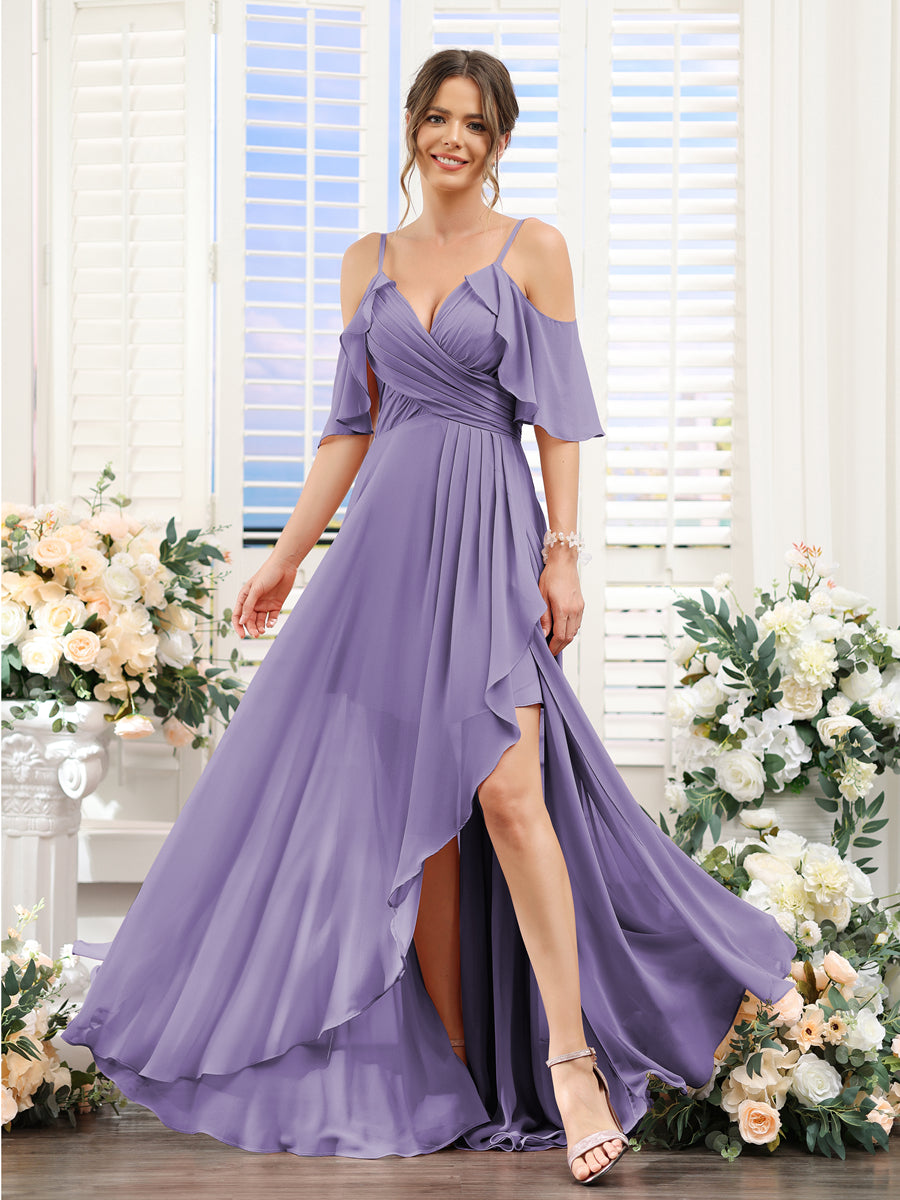 A-Line V-Neck Spaghetti Straps Short Sleeves Asymmetrical Chiffon Bridesmaid Dresses