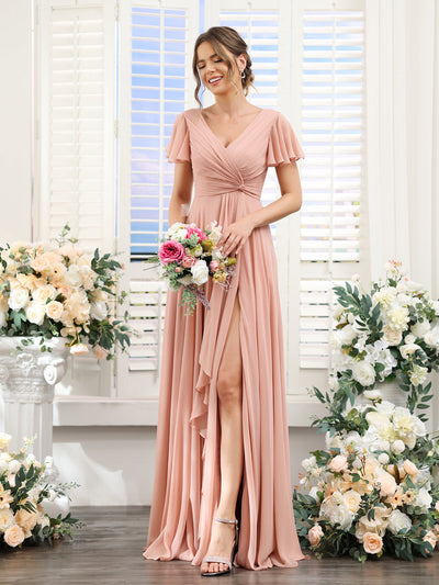 A-Line V-Neck Short Sleeves Split Side Chiffon Bridesmaid Dresses