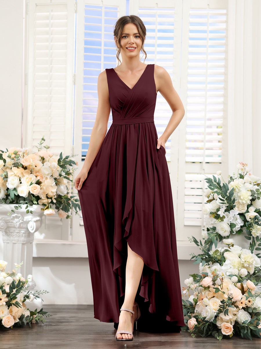 A-Line V-Neck Sleeveless Ruched Asymmetrical Chiffon Bridesmaid Dresses