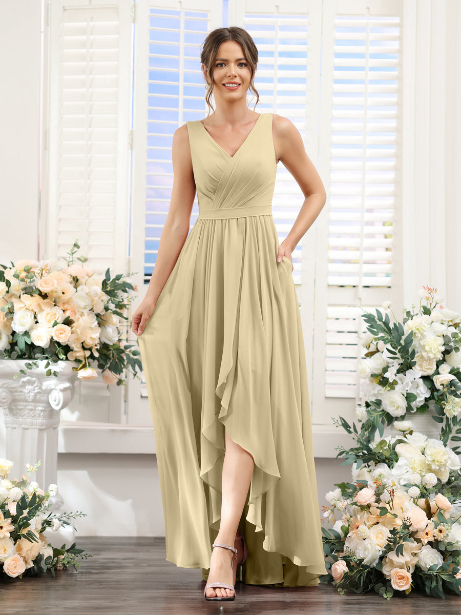 A-Line V-Neck Sleeveless Ruched Asymmetrical Chiffon Bridesmaid Dresses