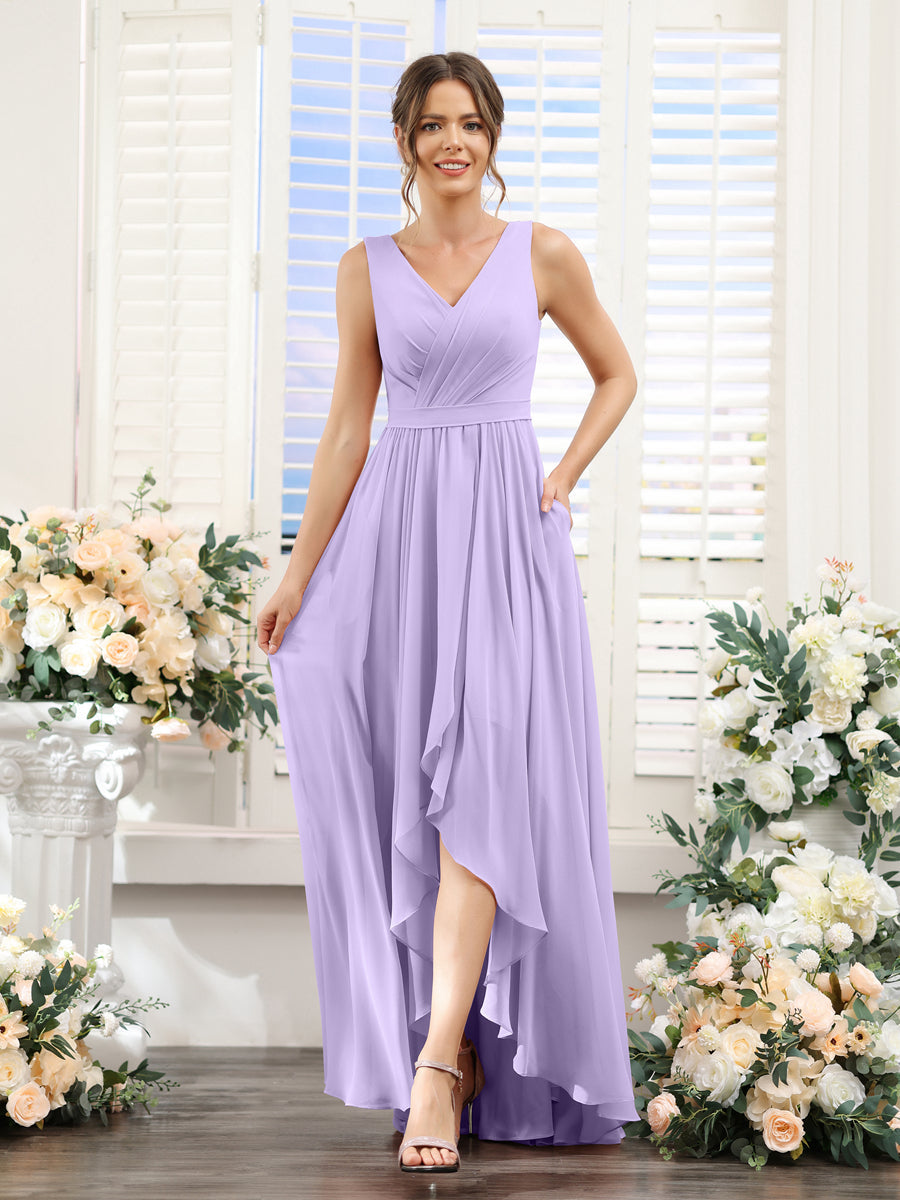 A-Line V-Neck Sleeveless Ruched Asymmetrical Chiffon Bridesmaid Dresses