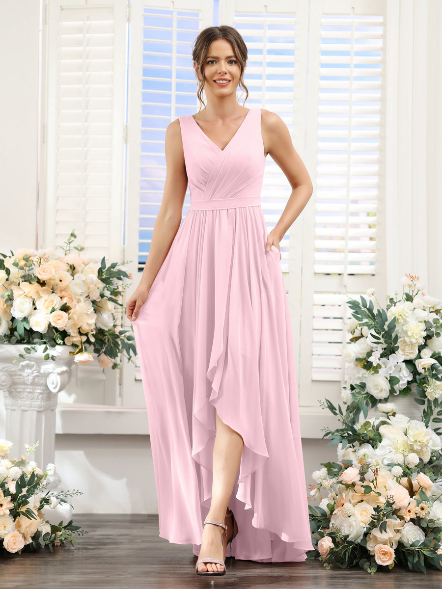 A-Line V-Neck Sleeveless Ruched Asymmetrical Chiffon Bridesmaid Dresses