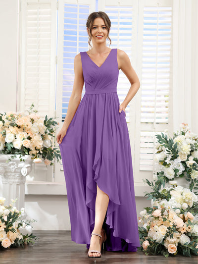 A-Line V-Neck Sleeveless Ruched Asymmetrical Chiffon Bridesmaid Dresses