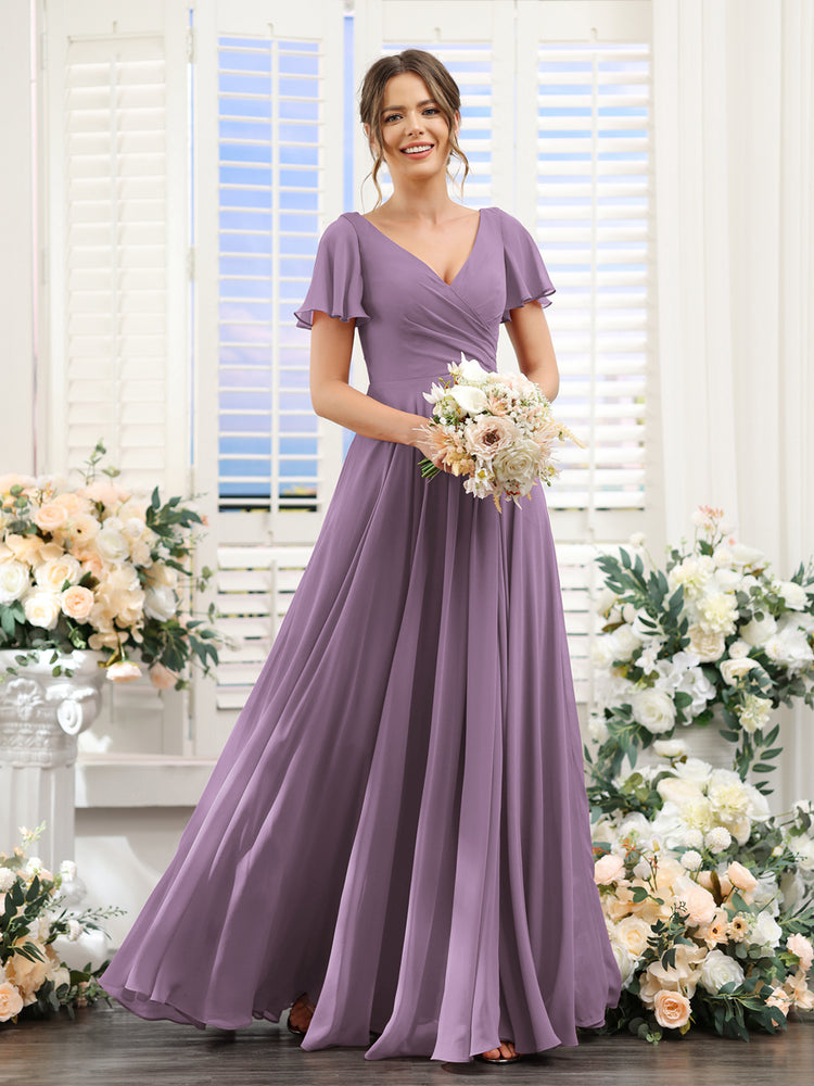 V-Neck Purple Grey Chiffon Short 2024 Bridesmaid Dress