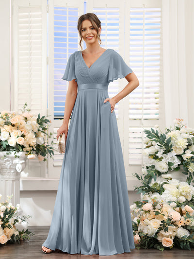 A-Line V-Neck Short Sleeves Chiffon Bridesmaid Dresses with Pockets