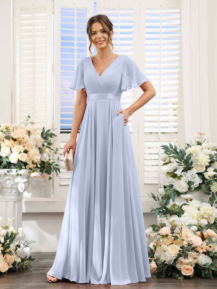 A Line V Neck Short Sleeves Chiffon Bridesmaid Dresses with Pockets Lavetir UK