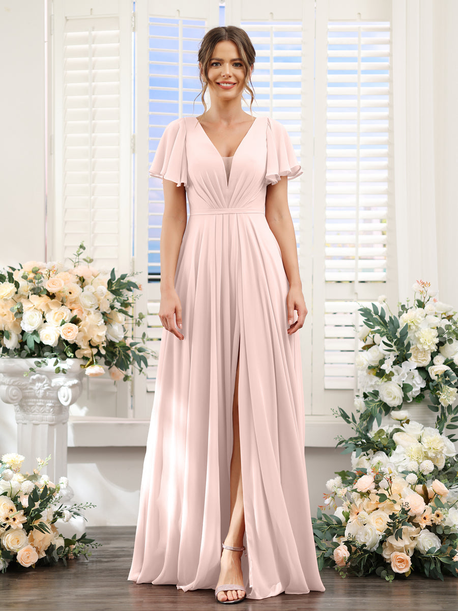 A-Line Deep V-Neck Short Sleeves Split Side Chiffon Bridesmaid Dresses