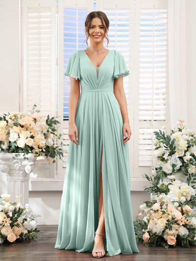 A-Line Deep V-Neck Short Sleeves Split Side Chiffon Bridesmaid Dresses