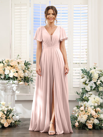 A-Line Deep V-Neck Short Sleeves Split Side Chiffon Bridesmaid Dresses