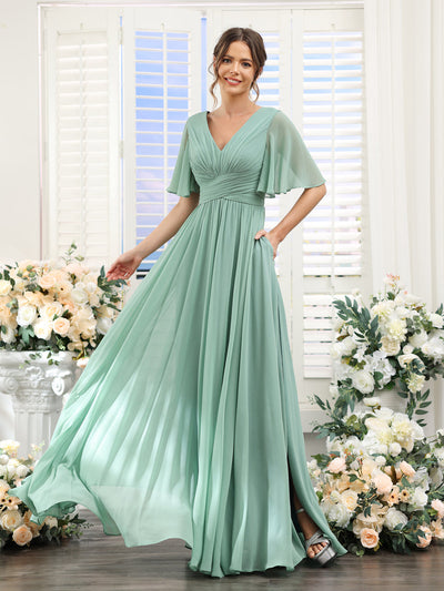 A-Line V-Neck Half Sleeves Split Side Chiffon Bridesmaid Dresses With Pockets