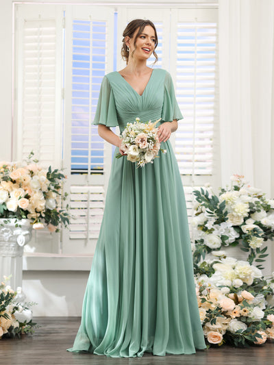 A-Line V-Neck Half Sleeves Split Side Chiffon Bridesmaid Dresses With Pockets