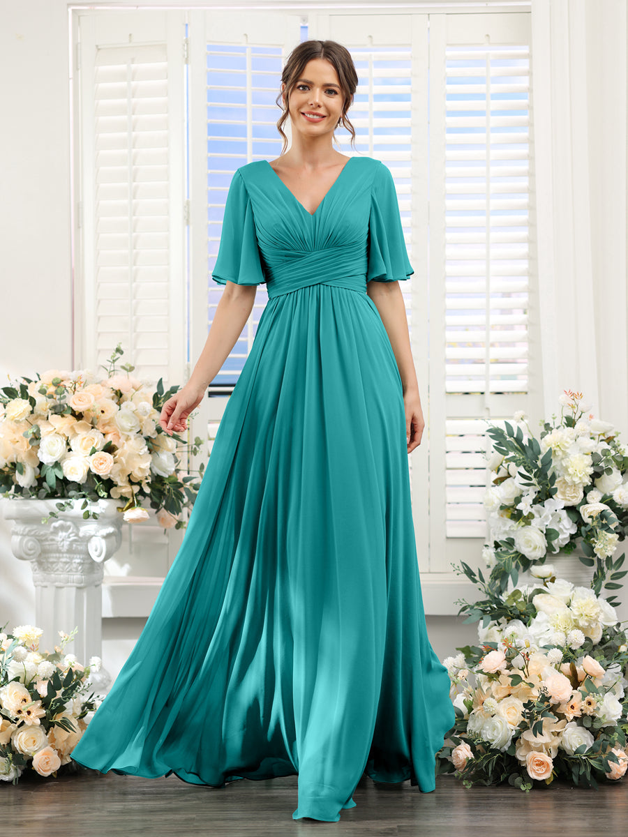 A-Line V-Neck Half Sleeves Split Side Chiffon Bridesmaid Dresses With Pockets