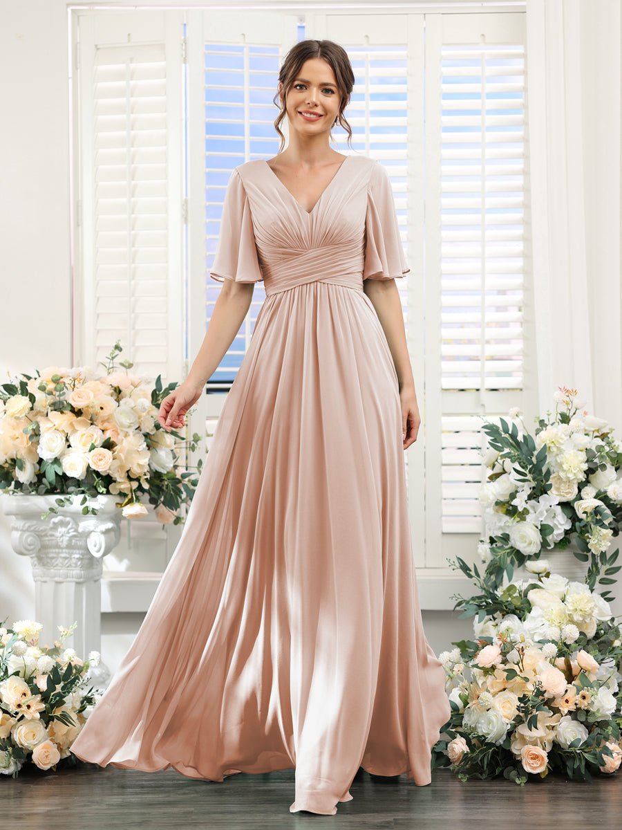 A-Line V-Neck Half Sleeves Split Side Chiffon Bridesmaid Dresses With Pockets