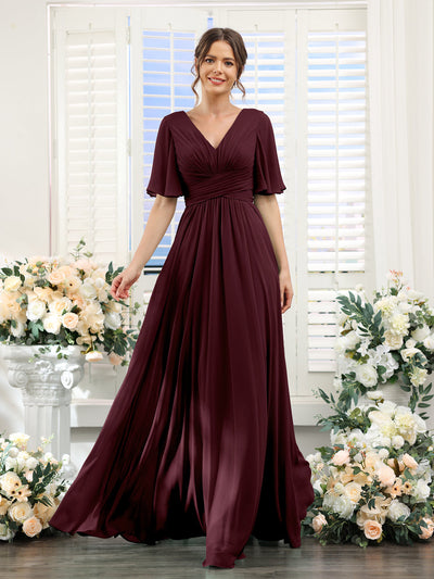 A-Line V-Neck Half Sleeves Split Side Chiffon Bridesmaid Dresses With Pockets