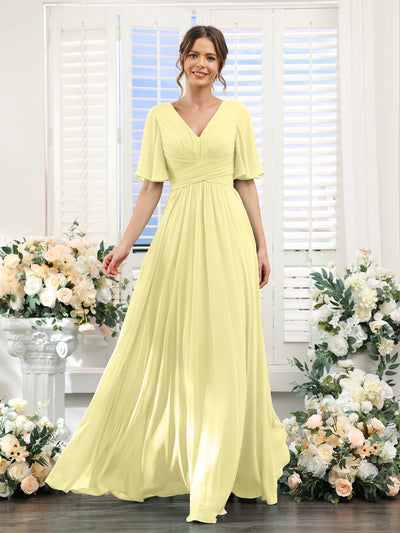 A-Line V-Neck Half Sleeves Split Side Chiffon Bridesmaid Dresses With Pockets