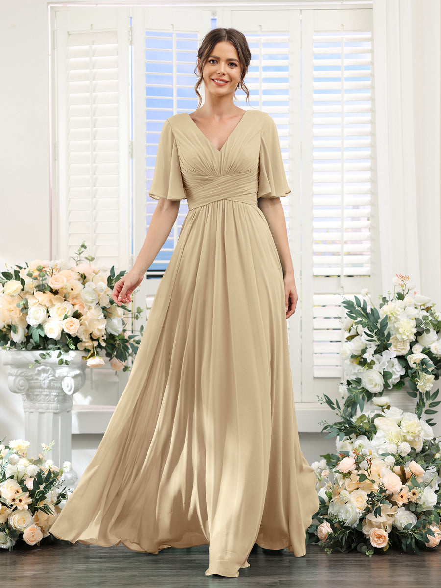 A-Line V-Neck Half Sleeves Split Side Chiffon Bridesmaid Dresses With Pockets