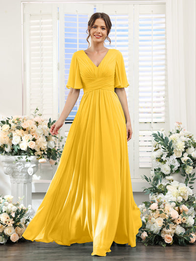 A-Line V-Neck Half Sleeves Split Side Chiffon Bridesmaid Dresses With Pockets