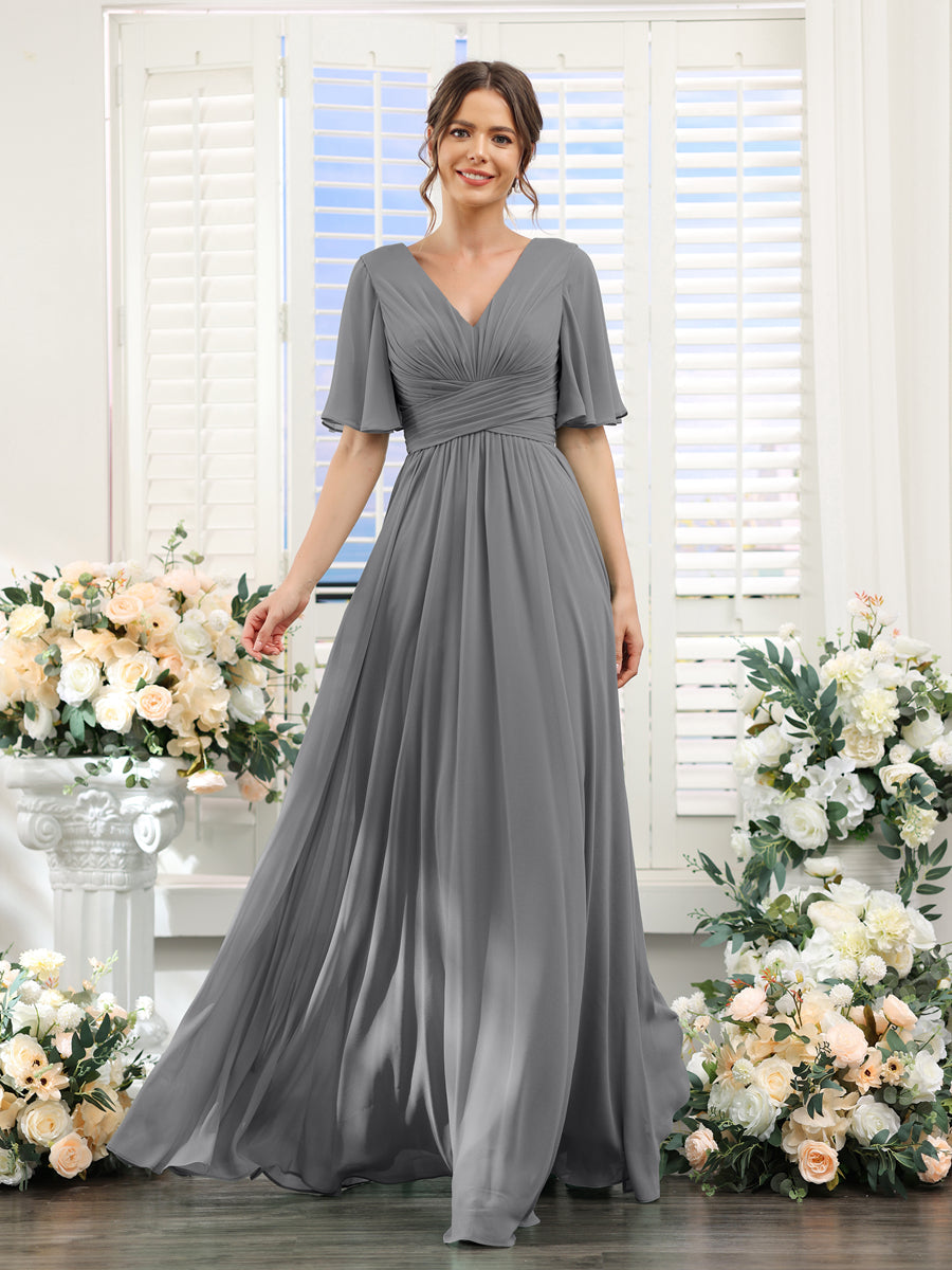 A-Line V-Neck Half Sleeves Split Side Chiffon Bridesmaid Dresses With Pockets