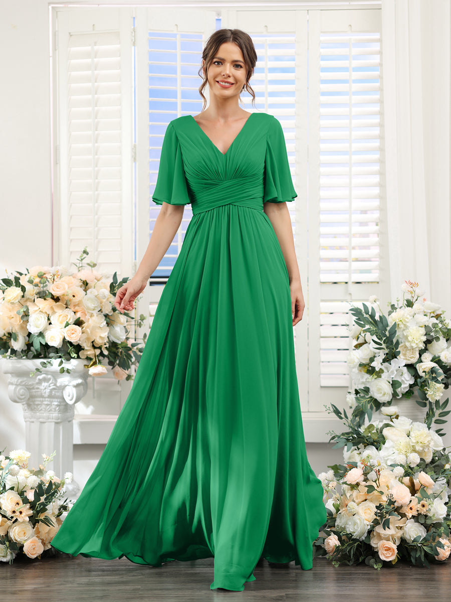 A-Line V-Neck Half Sleeves Split Side Chiffon Bridesmaid Dresses With Pockets