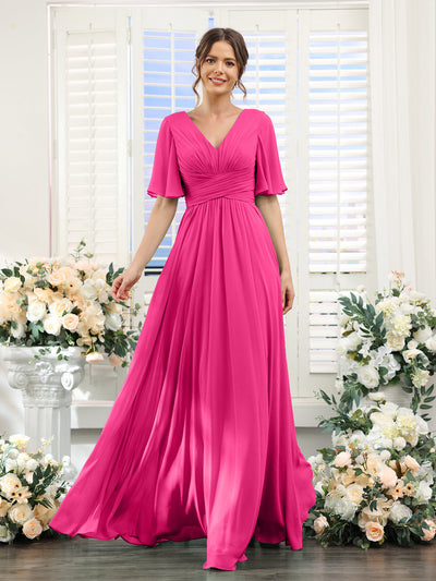 A-Line V-Neck Half Sleeves Split Side Chiffon Bridesmaid Dresses With Pockets