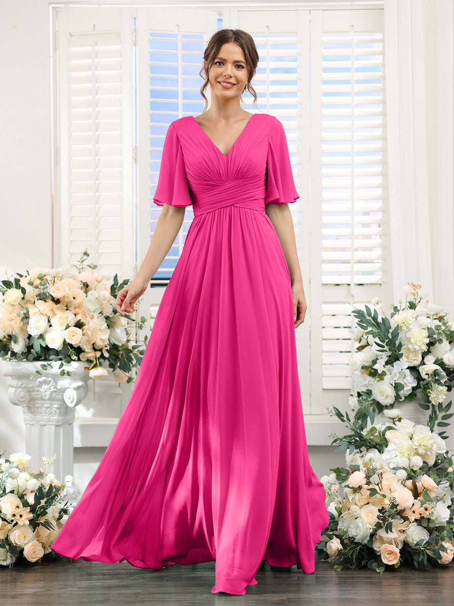 A-Line V-Neck Half Sleeves Split Side Chiffon Bridesmaid Dresses With Pockets