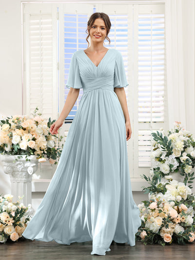 A-Line V-Neck Half Sleeves Split Side Chiffon Bridesmaid Dresses With Pockets