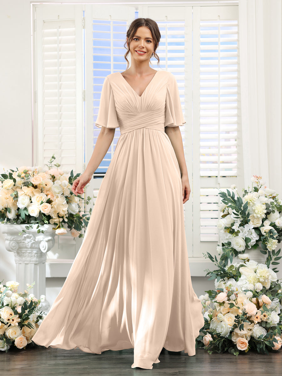 A-Line V-Neck Half Sleeves Split Side Chiffon Bridesmaid Dresses With Pockets