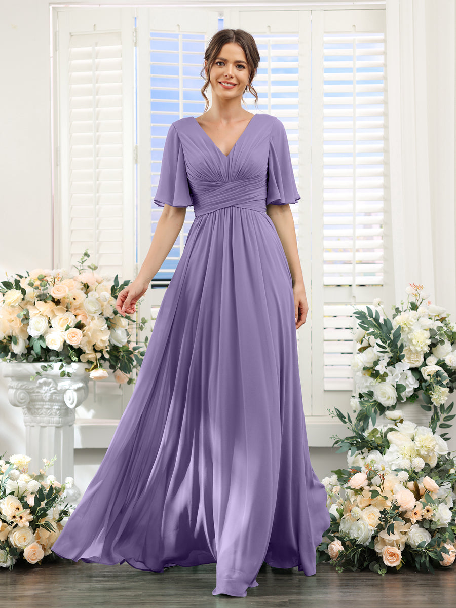 A-Line V-Neck Half Sleeves Split Side Chiffon Bridesmaid Dresses With Pockets