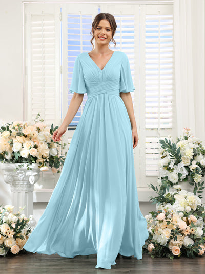 A-Line V-Neck Half Sleeves Split Side Chiffon Bridesmaid Dresses With Pockets