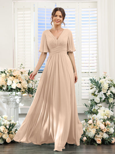 A-Line V-Neck Half Sleeves Split Side Chiffon Bridesmaid Dresses With Pockets