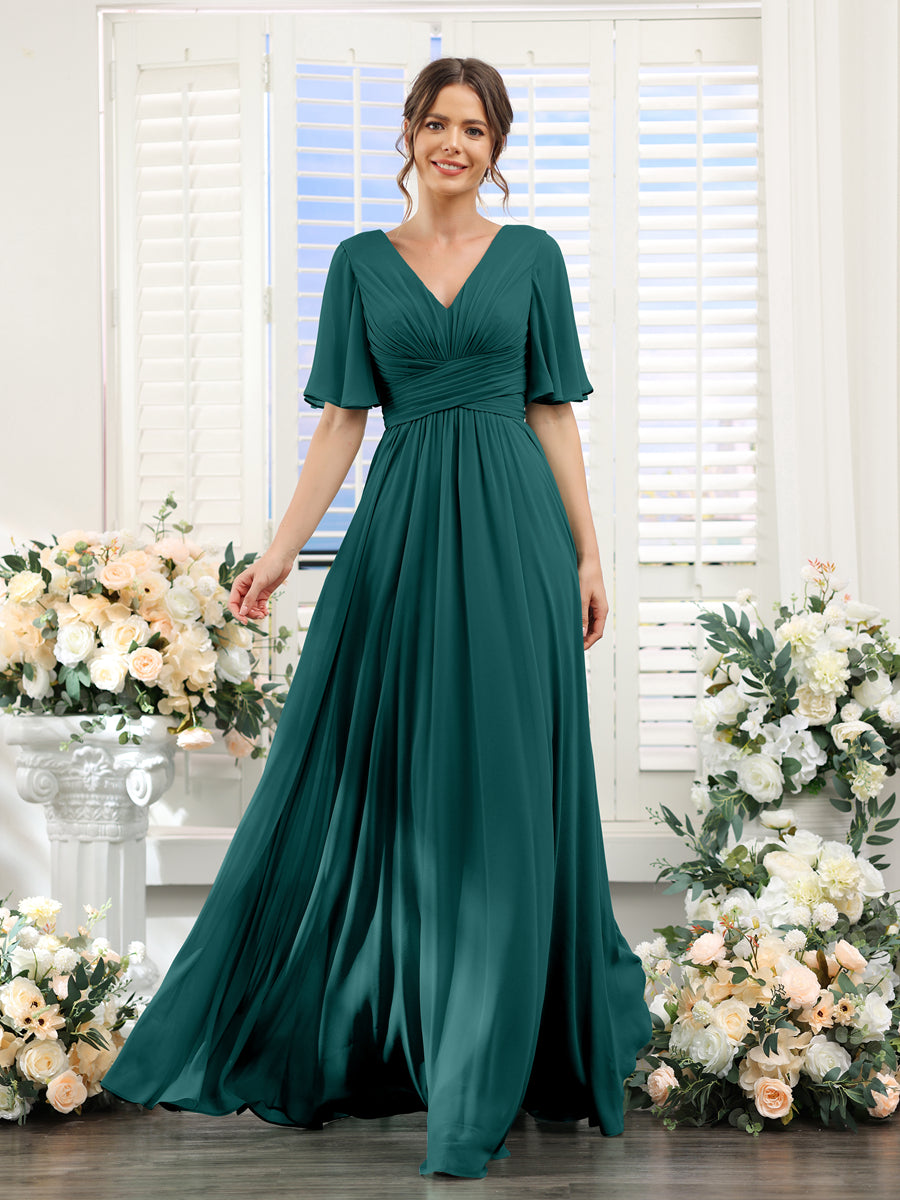 A-Line V-Neck Half Sleeves Split Side Chiffon Bridesmaid Dresses With Pockets