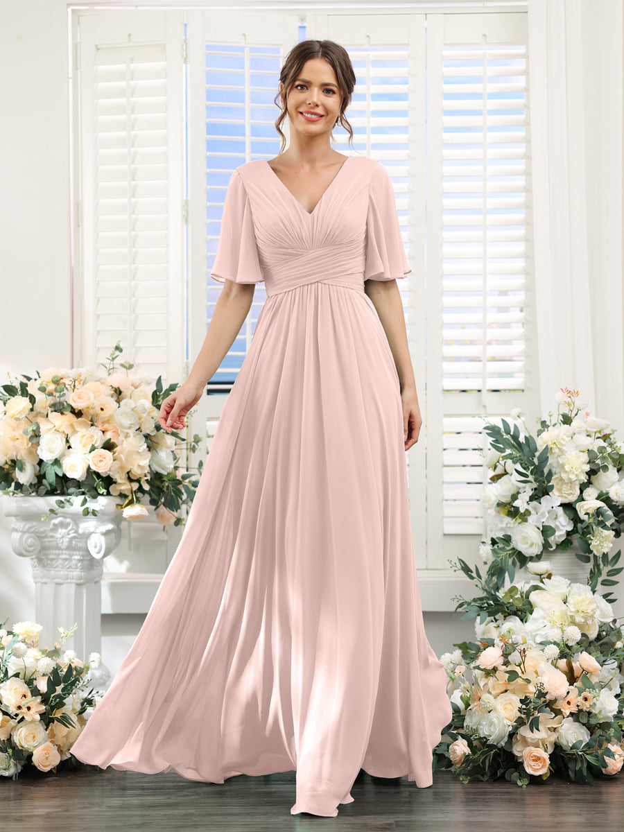 A-Line V-Neck Half Sleeves Split Side Chiffon Bridesmaid Dresses With Pockets