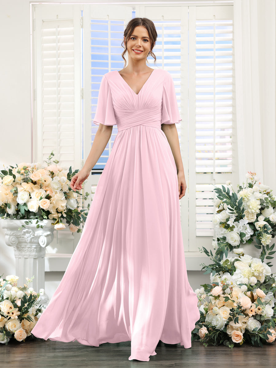 A-Line V-Neck Half Sleeves Split Side Chiffon Bridesmaid Dresses With Pockets