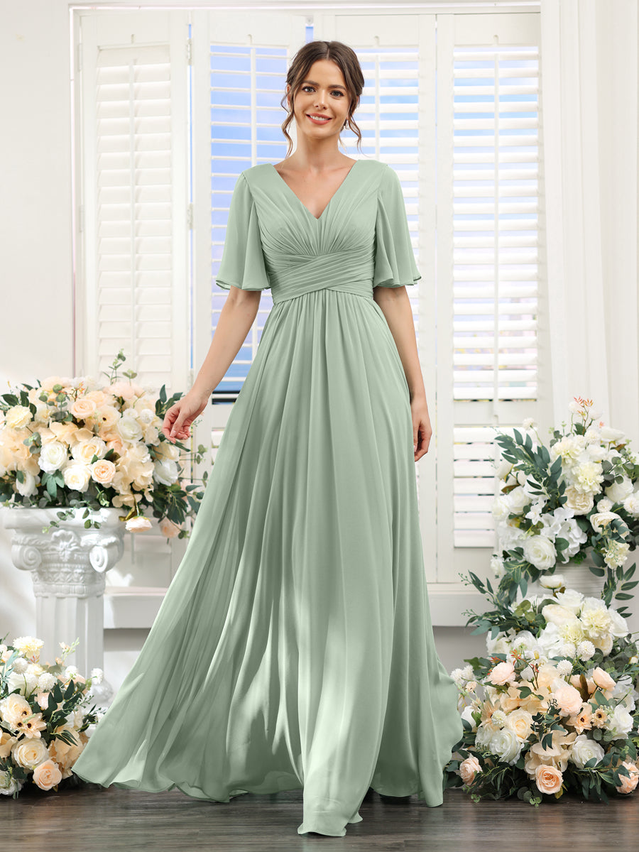 A-Line V-Neck Half Sleeves Split Side Chiffon Bridesmaid Dresses With Pockets