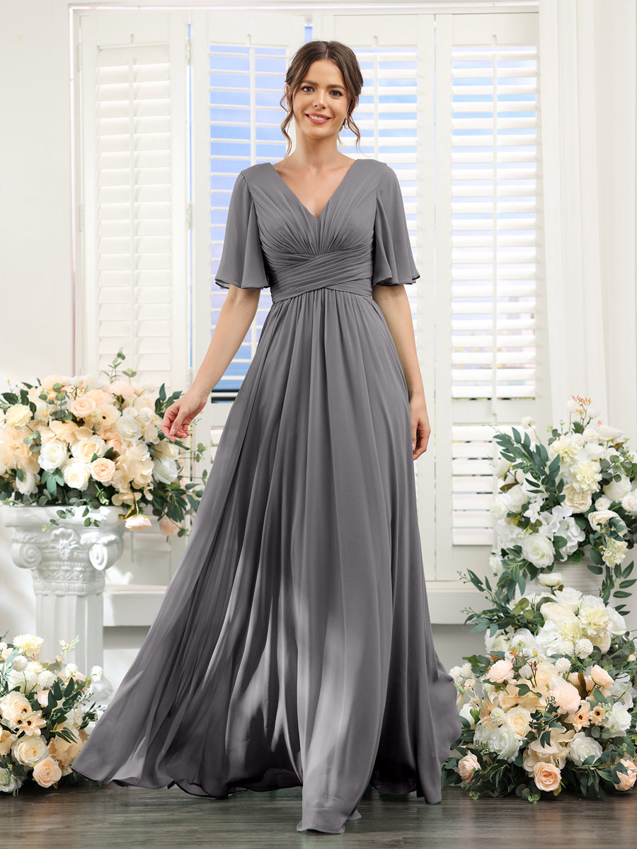 A-Line V-Neck Half Sleeves Split Side Chiffon Bridesmaid Dresses With Pockets