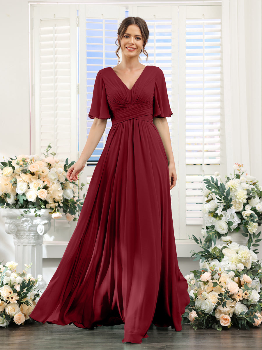 A-Line V-Neck Half Sleeves Split Side Chiffon Bridesmaid Dresses With Pockets