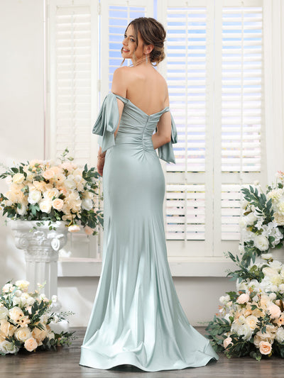 Mermaid Off-the-Shoulder Sleeveless Split Side Silk Satin Prom Dresses