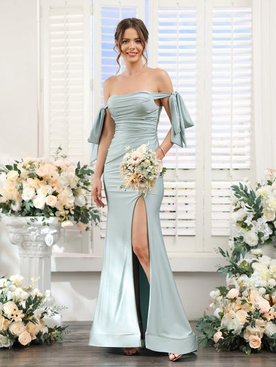 Mermaid Off-the-Shoulder Sleeveless Split Side Silk Satin Prom Dresses