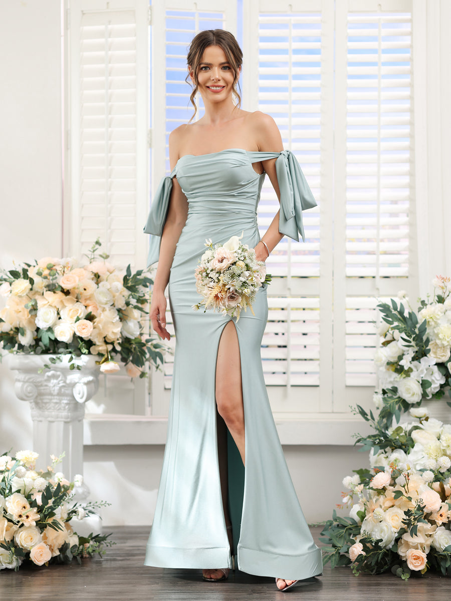 Mermaid Off-the-Shoulder Sleeveless Split Side Silk Satin Prom Dresses