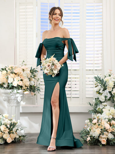 Mermaid Off-the-Shoulder Sleeveless Split Side Silk Satin Prom Dresses