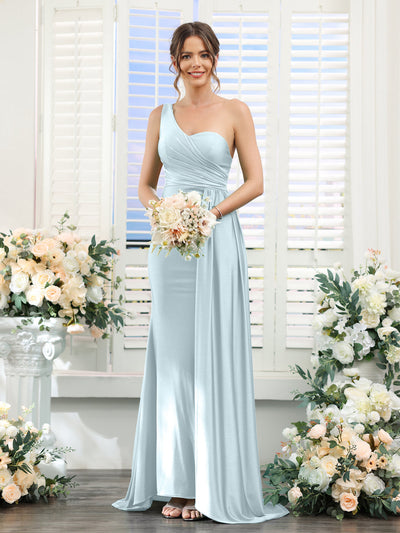 Sheath/Column One-Shoulder Sleeveless Ruched Silk Satin Bridesmaid Dresses