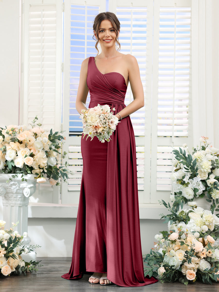 Sheath/Column One-Shoulder Sleeveless Ruched Silk Satin Bridesmaid Dresses