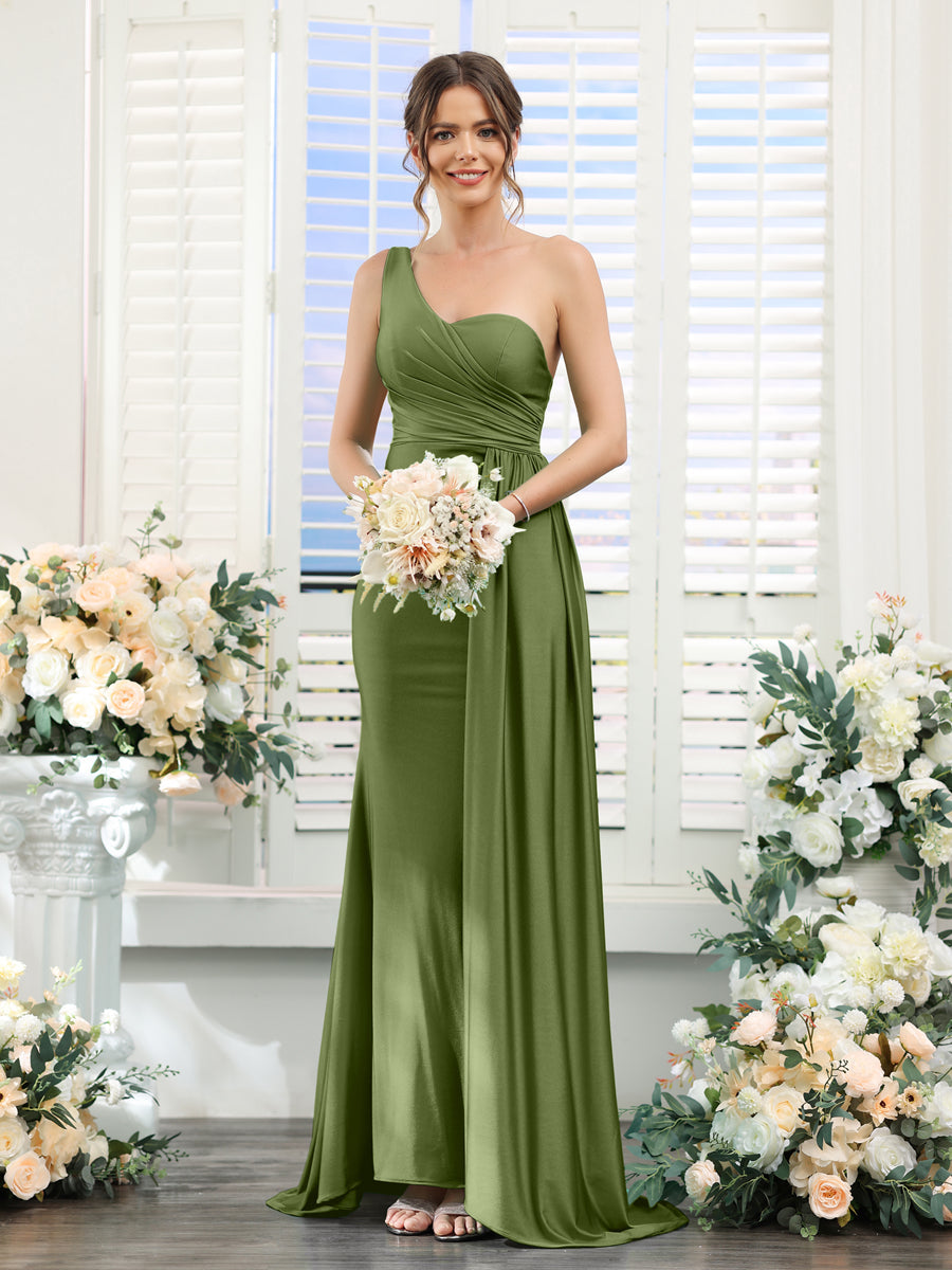 Sheath/Column One-Shoulder Sleeveless Ruched Silk Satin Bridesmaid Dresses