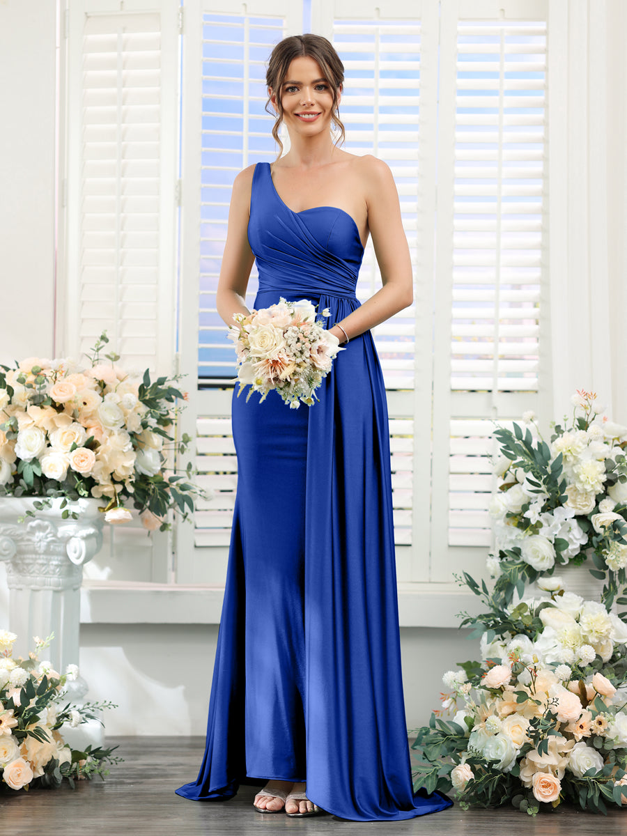 Sheath/Column One-Shoulder Sleeveless Ruched Silk Satin Bridesmaid Dresses